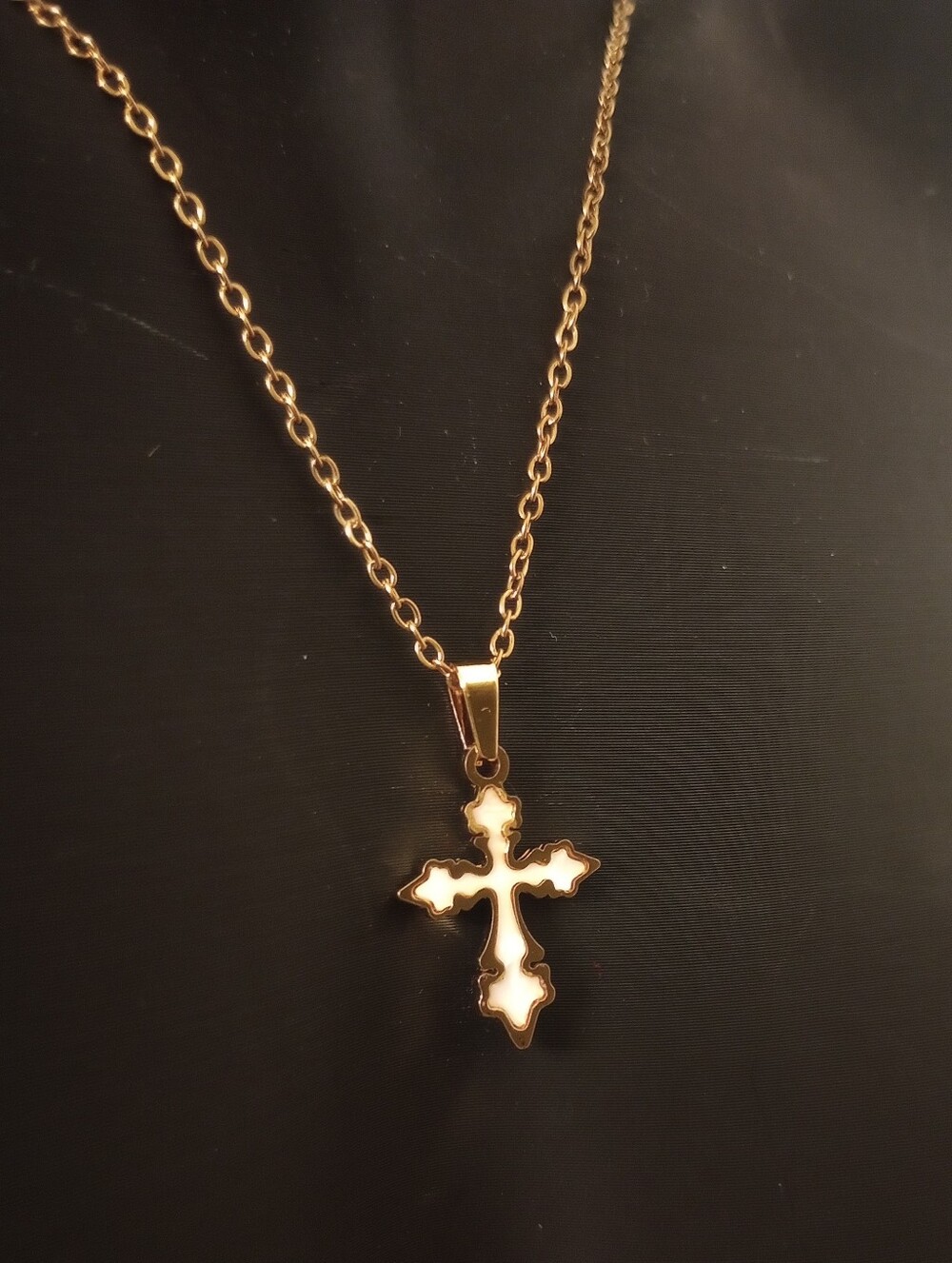 Gold Tone Steel Cross Pendant Necklace with White Inlay